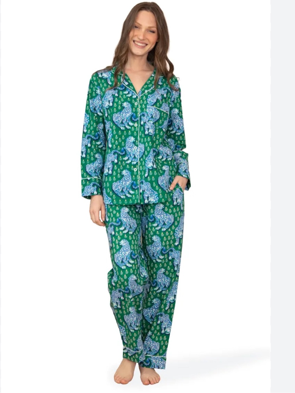 NWT Printfresh Tiger Queen Organic Cotton Pajama Set Green Blue Medium $168